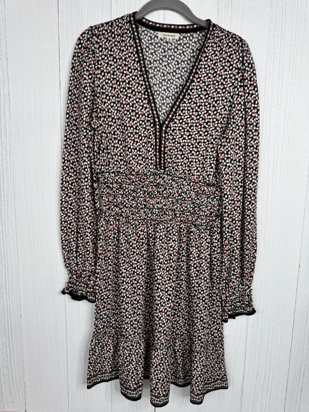 Max Studio Floral Print Mini Dress Size M Smocked Waist Long Sleeve Boho